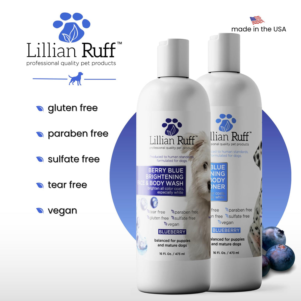 Lillian Ruff PRO Berry Blue Brightening Spa bath set showing a relaxing grooming moment