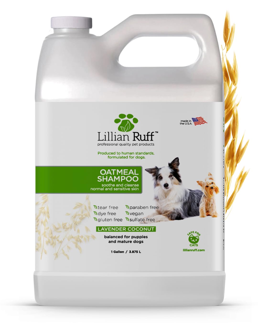 Lillian Ruff PRO Shampoo bottle highlights oatmeal formula for itch relief and hydration.
