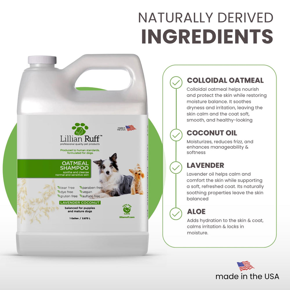 Lillian Ruff PRO Shampoo ingredients oats aloe coconut oil nourish coat and skin.
