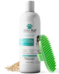Lillian Ruff PRO Formula Oatmeal Dog Conditioner bottle highlights hydrating detangling for dry coats