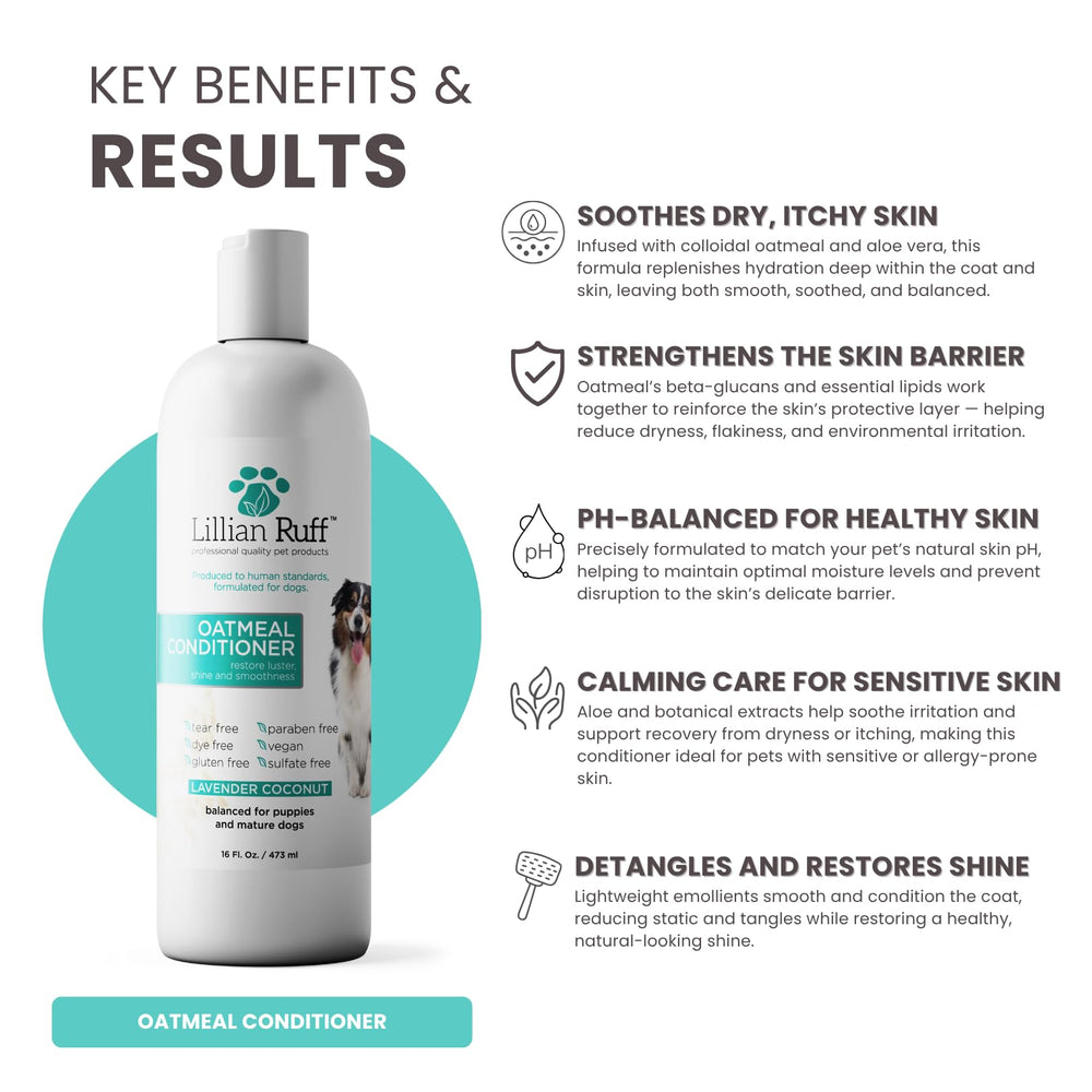 Lillian Ruff PRO Formula oatmeal conditioner ingredients closeup features oats, coconut oil, and lavender