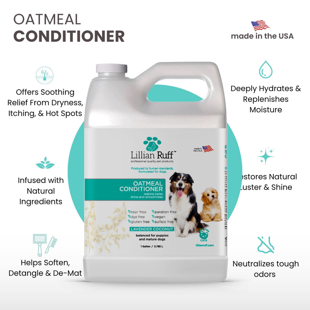 Lillian Ruff PRO Formula Oatmeal conditioner label closeup highlights USA-made, gentle care.