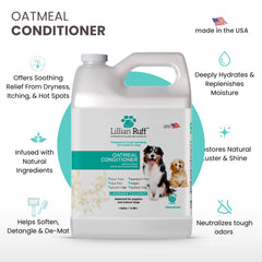 Lillian Ruff PRO Formula Oatmeal conditioner label closeup highlights USA-made, gentle care.
