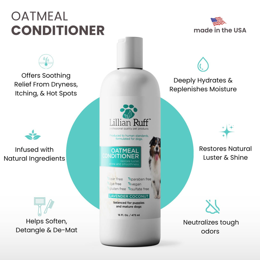 Lillian Ruff PRO Formula Oatmeal dog conditioner label highlights gentle, pH balanced care for sensitive skin