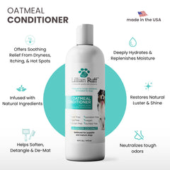 Lillian Ruff PRO Formula Oatmeal dog conditioner label highlights gentle, pH balanced care for sensitive skin