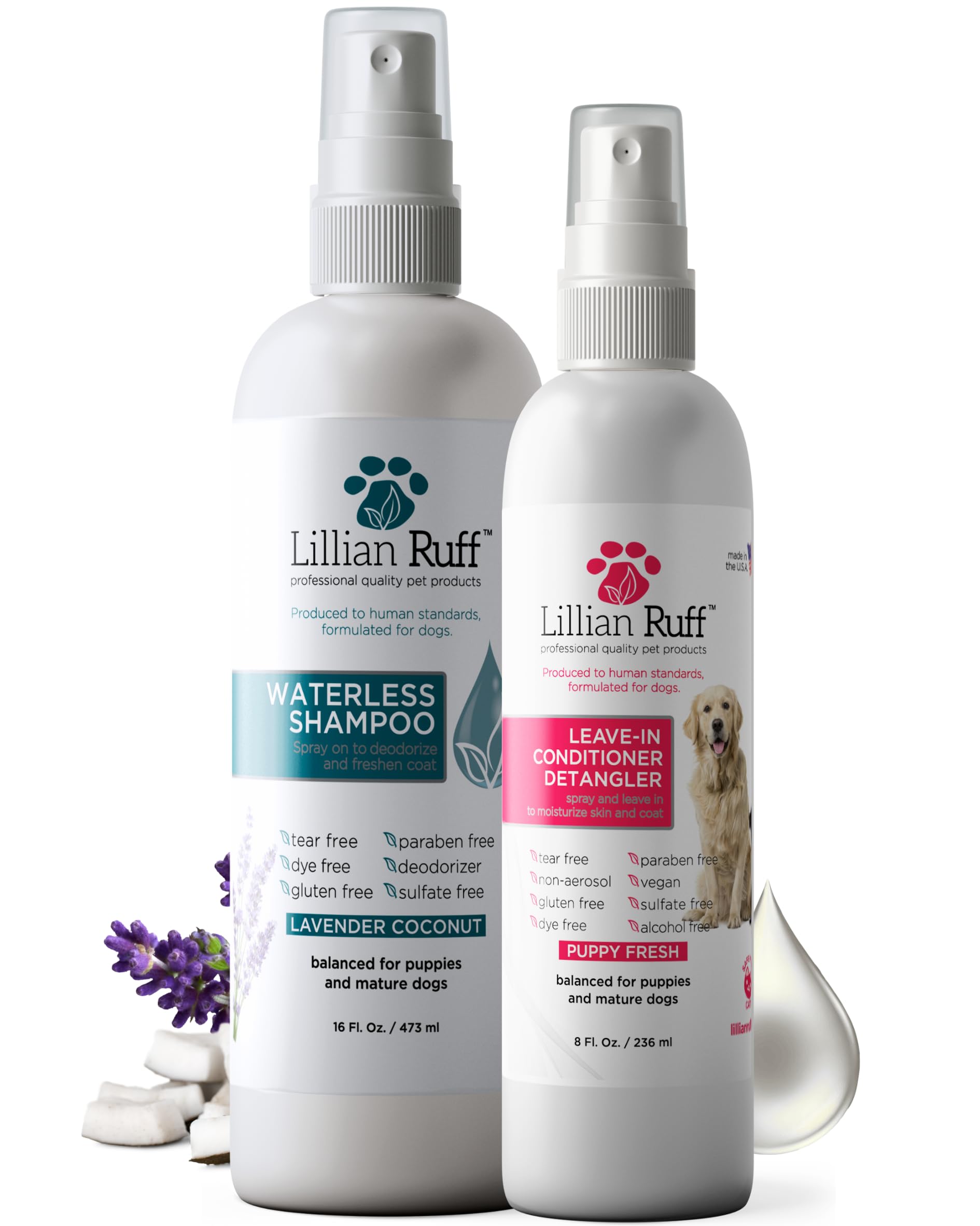 Lillian Ruff waterless shampoo bottle pour for a quick coat refresh.