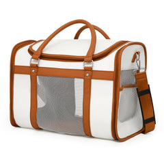 Lilliella premium pet carrier exterior in white and brown PU leather for stylish travel.