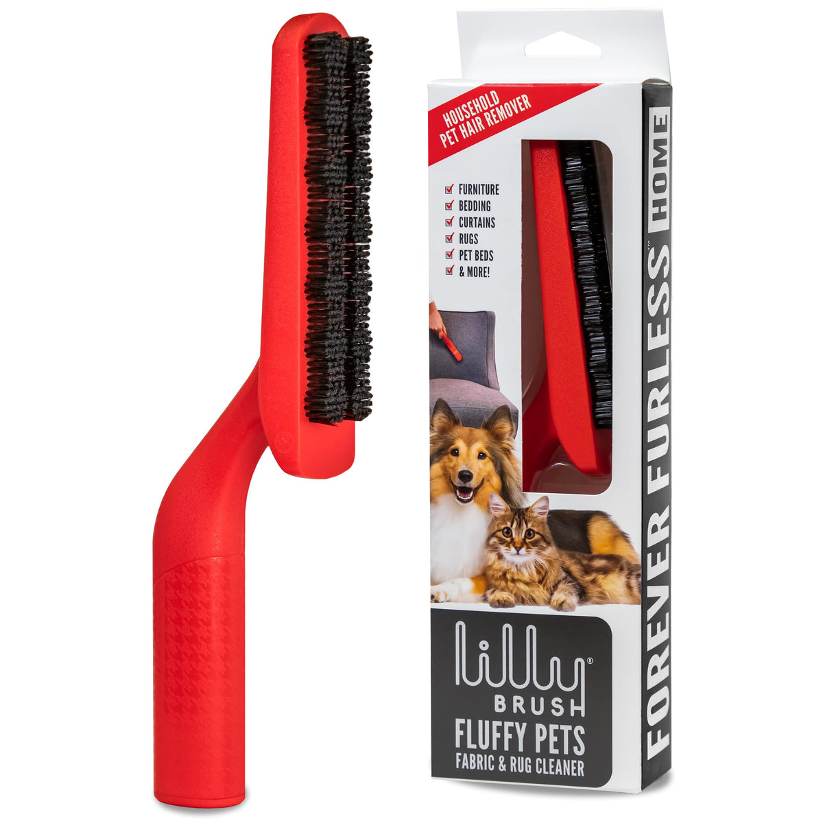Lilly Brush Forever Furless on a sofa removes pet hair quickly for clean furniture.