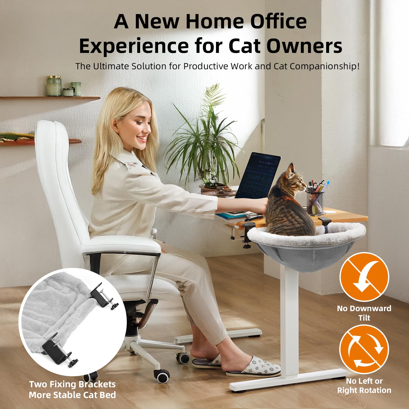 Lilyang Large Cat Desk Bed dual clamps secure the desk edge while your cat relaxes.