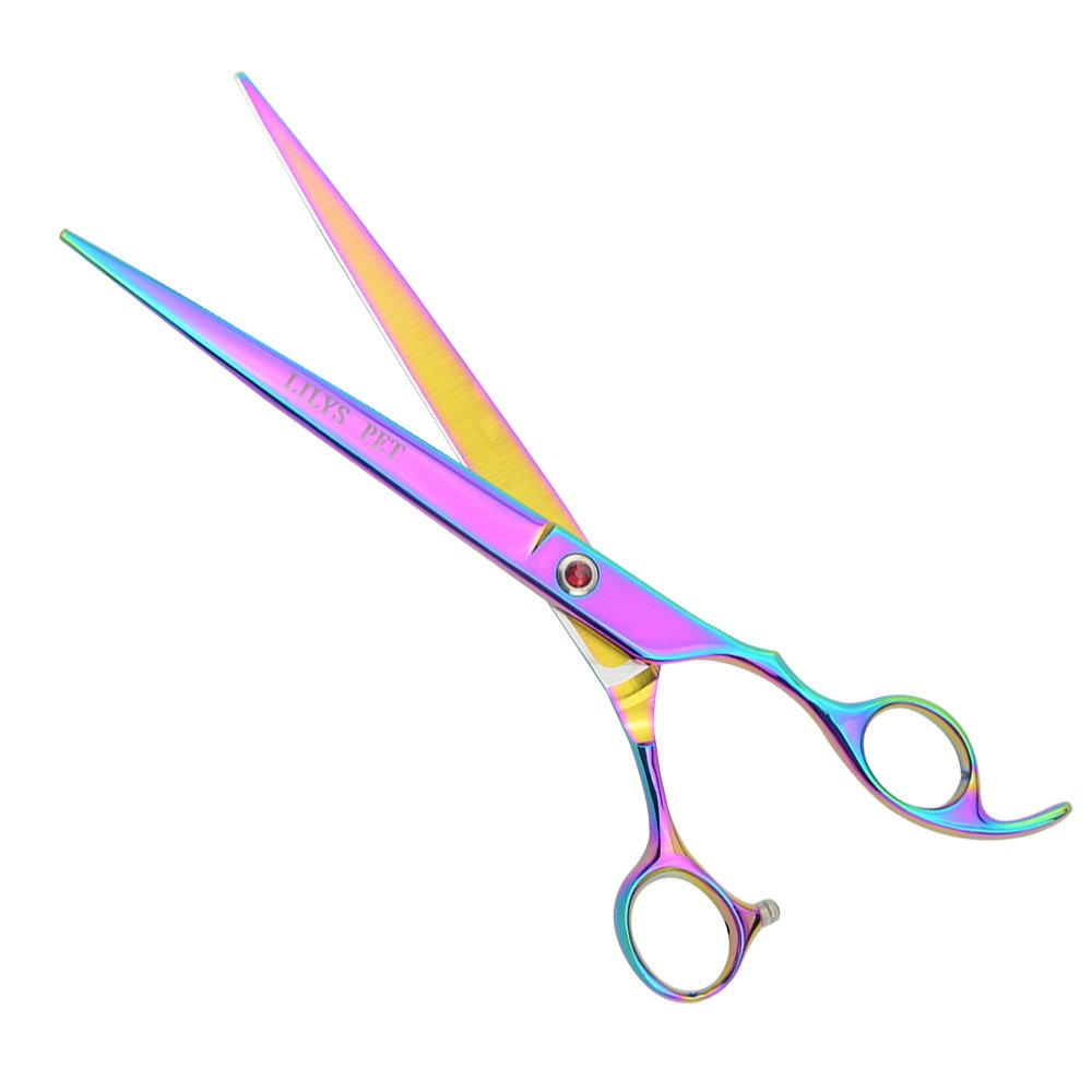 LILYS PET curved-scissor-up 8in rainbow for natural-curved shaping.