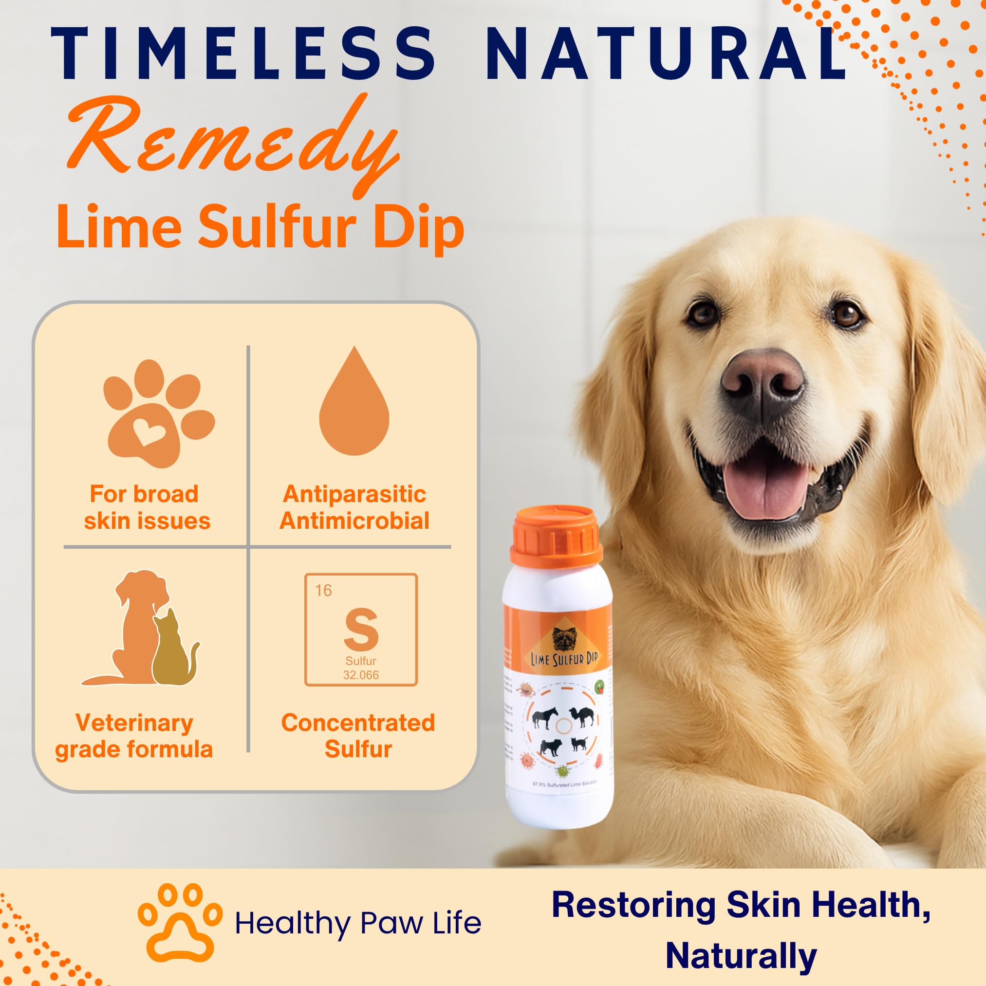 Dog receives lime sulfur dip application on itchy skin relief.