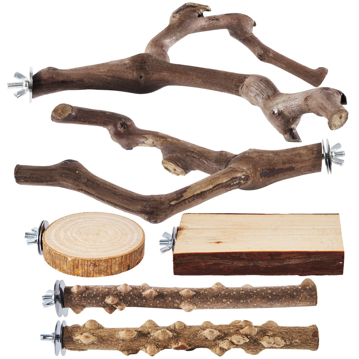 LIMIO 6-piece bird perch set in natural wood for a natural habitat with varied grip surfaces.