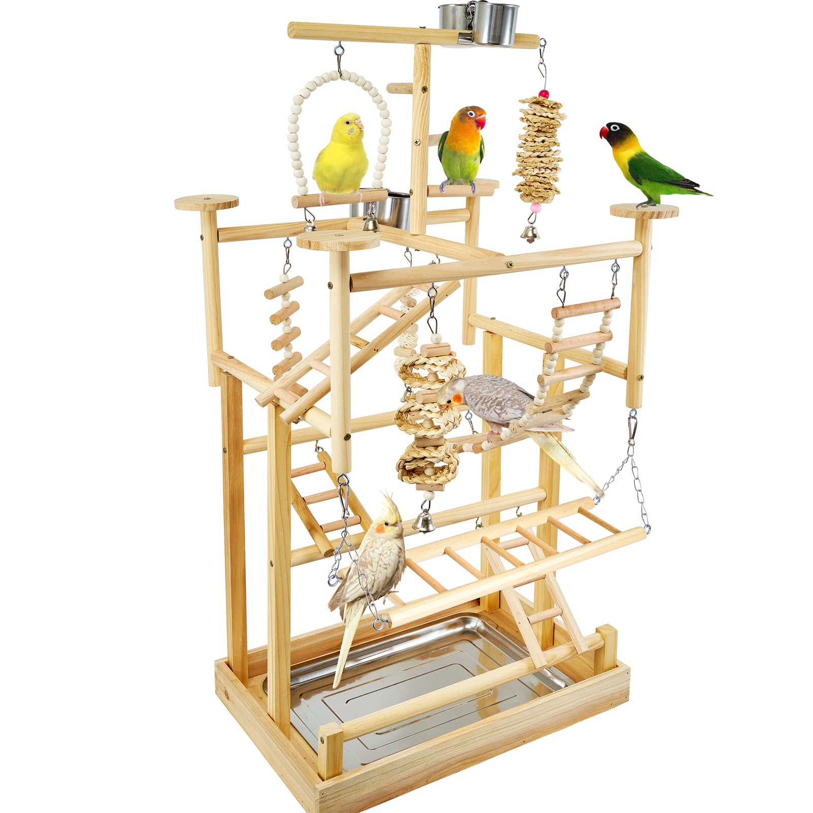 LIMIO Bird Playground natural wood playstand with ladders and perches for daily exercise.