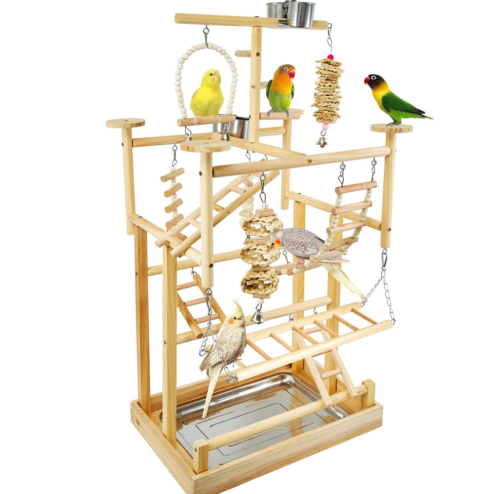 LIMIO Bird Playground natural wood playstand with ladders and perches for daily exercise.