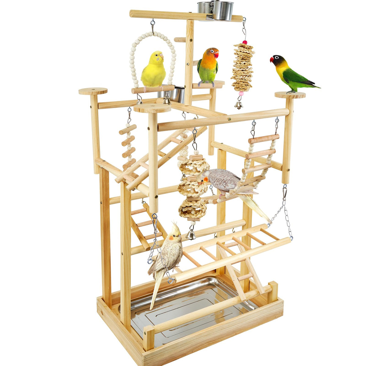 LIMIO Bird Playground natural wood playstand with ladders and perches for daily exercise.