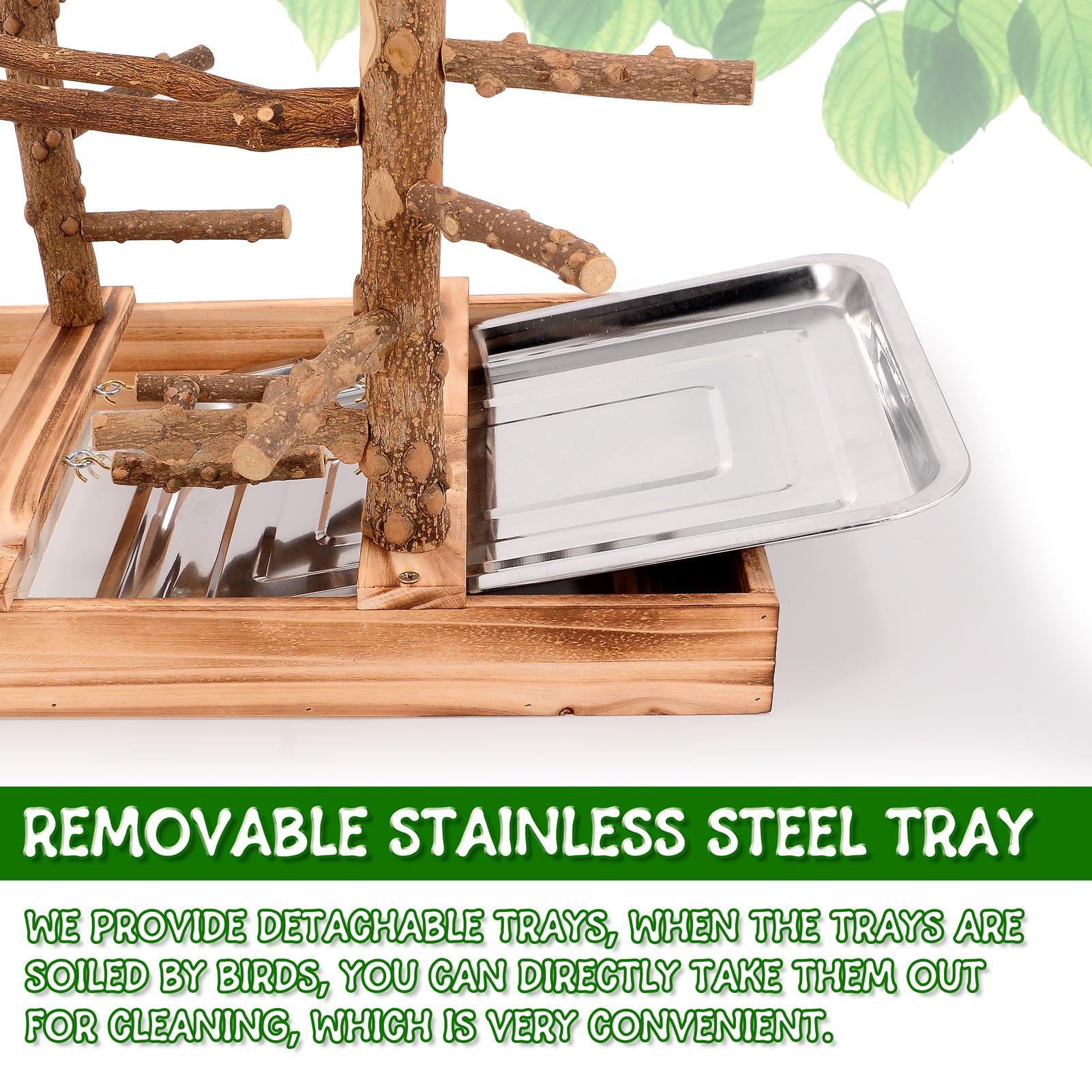 Limio Bird Playground removable tray simplifies cleaning after playtime.