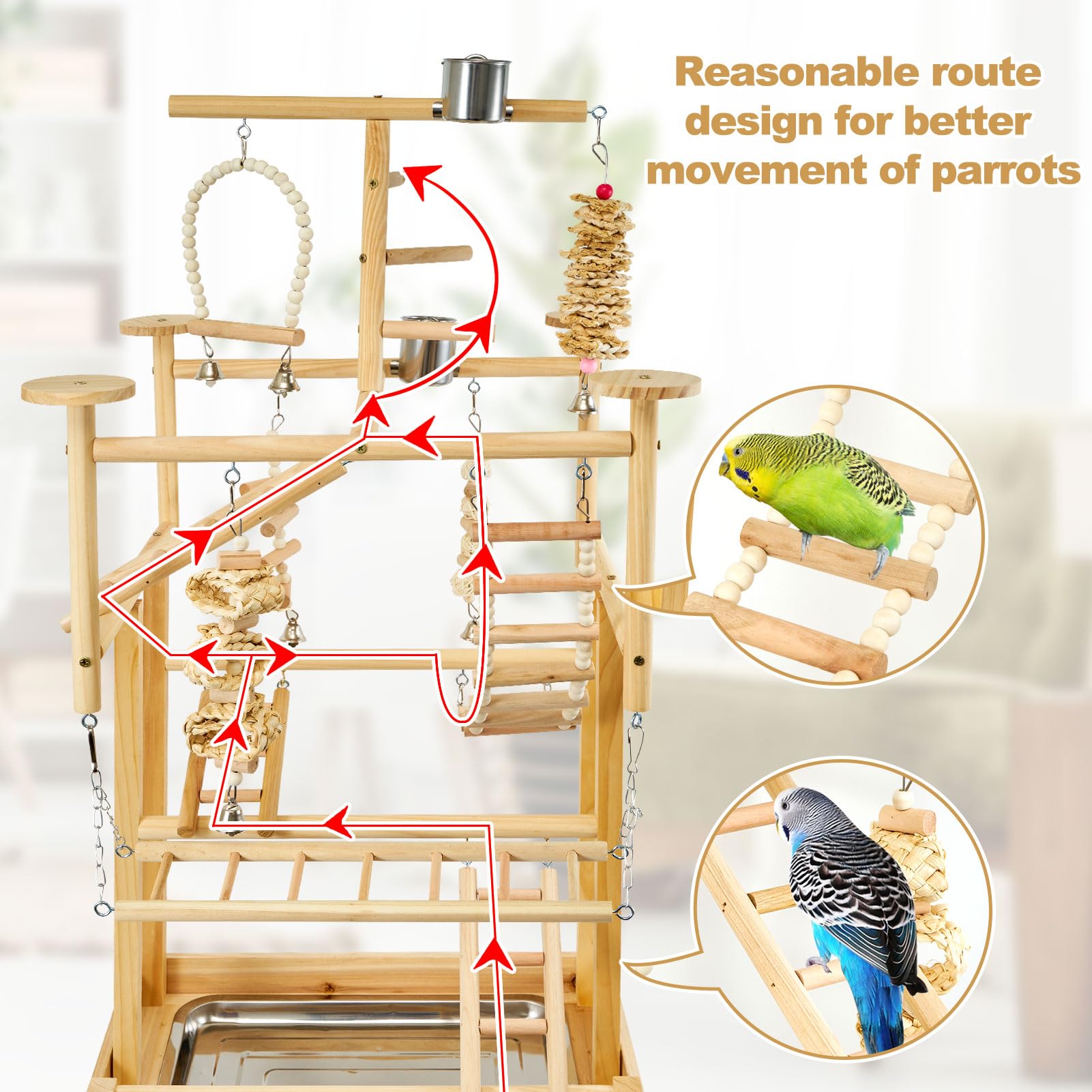 LIMIO Bird Playground four stainless steel cups provide convenient feeding stations.