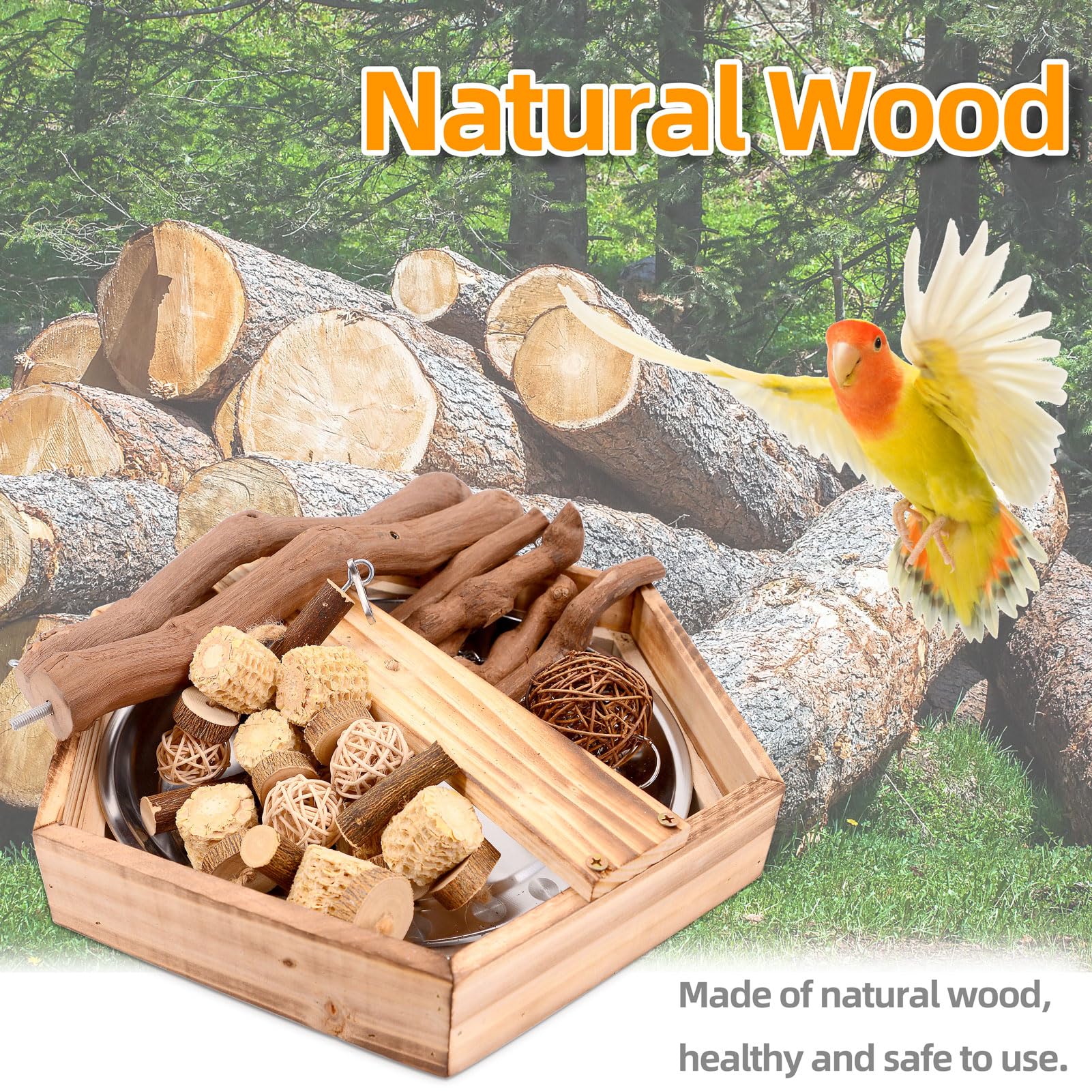 LIMIO grape wood perch-removable-trays—easy droppings cleanup and quick maintenance.