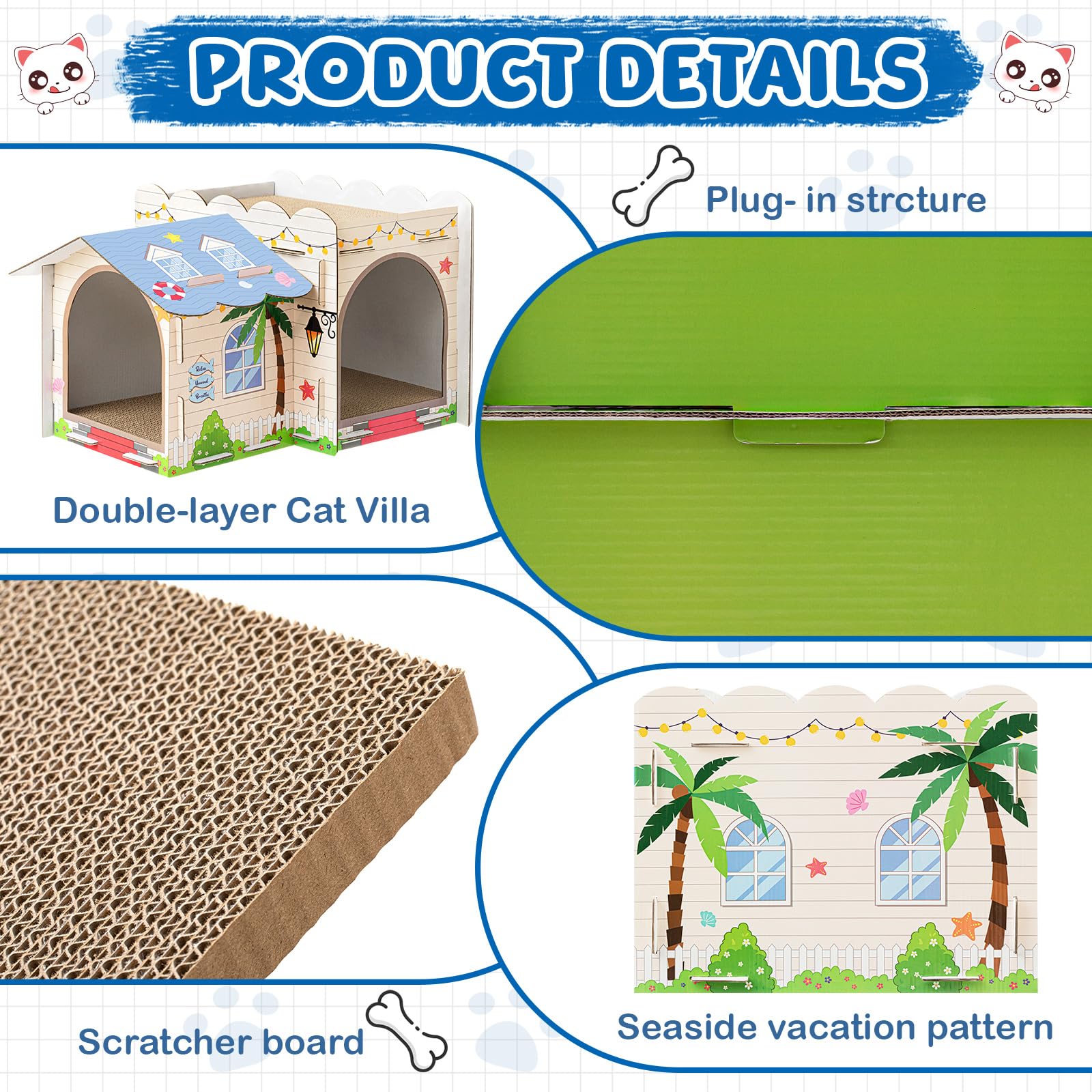 Lineshading 2-Story Cardboard Cat House exterior with beach-theme palm trees