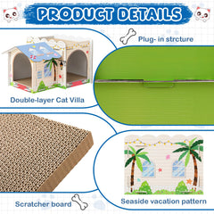 Lineshading 2-Story Cardboard Cat House exterior with beach-theme palm trees