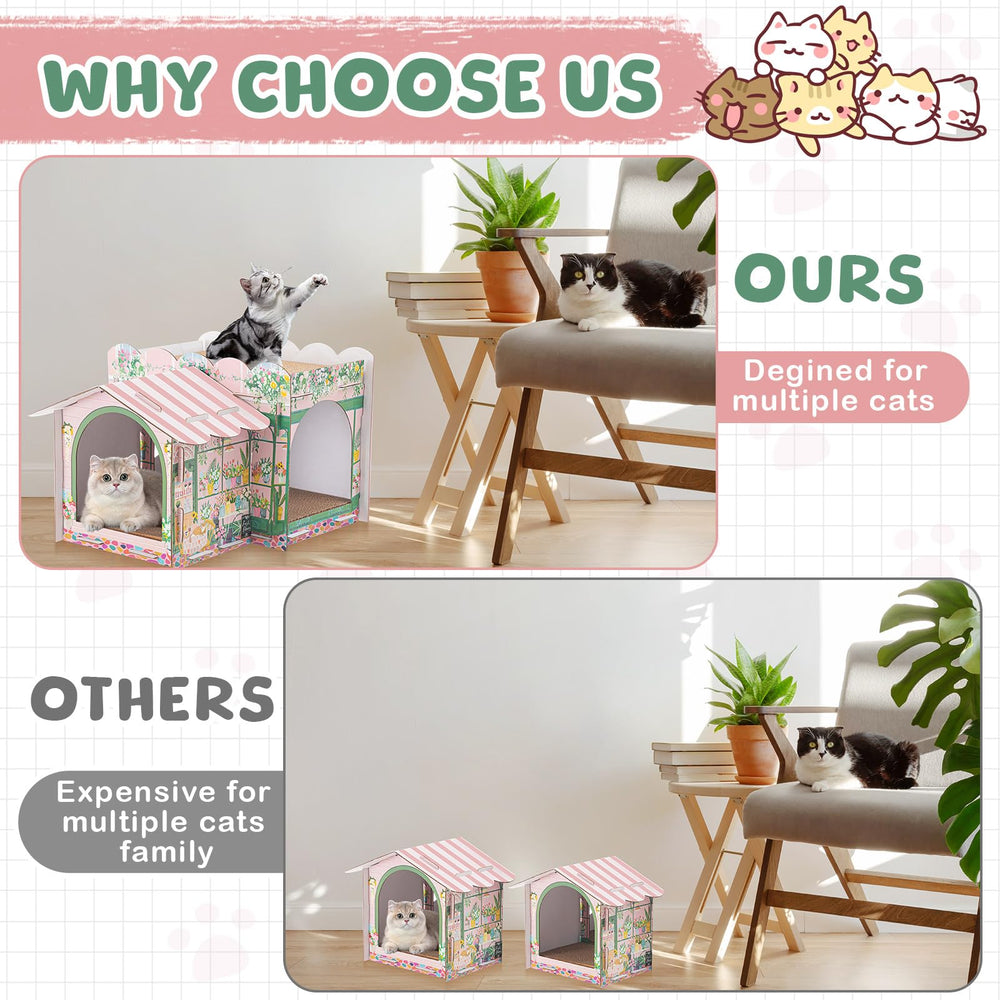 Lineshading cat house dimensions highlight spacious cabins for lounging and play.