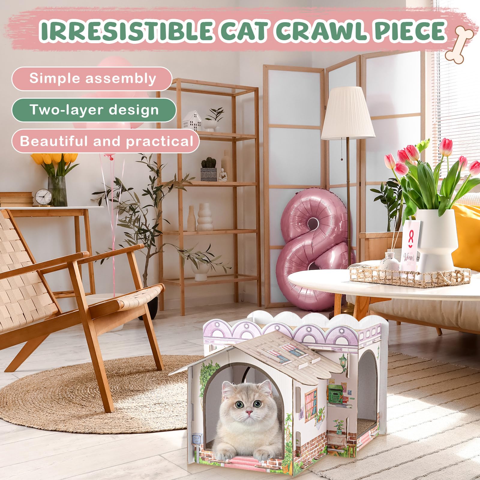 Lineshading cats enjoy scratching boards and multi-level space for exploration and exercise.