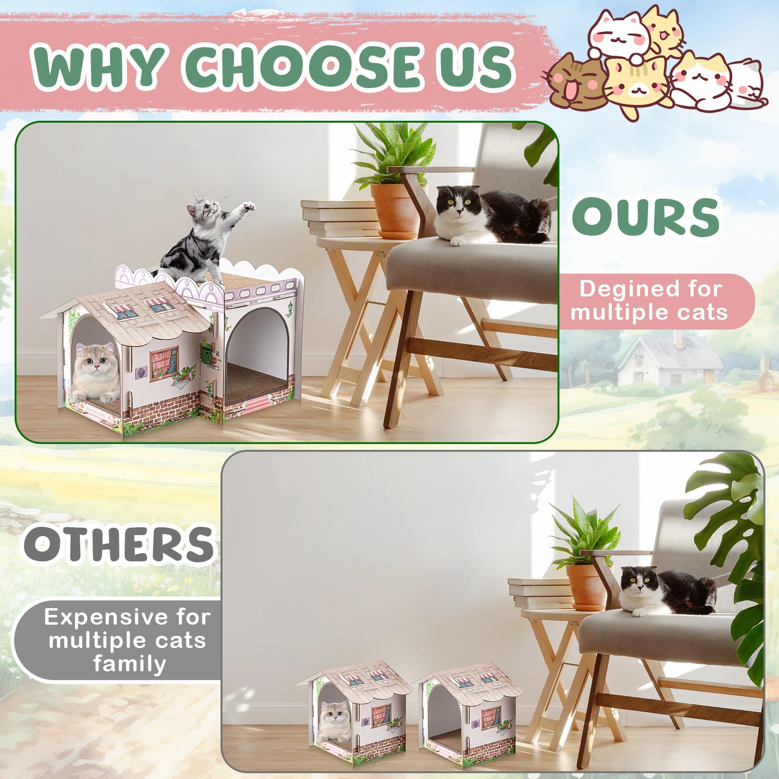 Lineshading seaside-resort design details inspire a charming cat villa with playful decor.