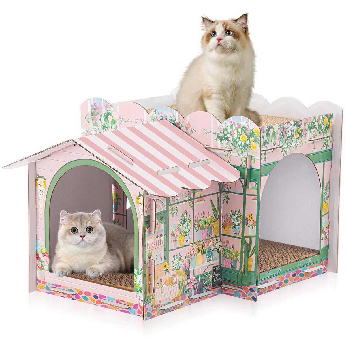 Lineshading two-story cardboard cat house assembly showing easy setup and cozy play space.