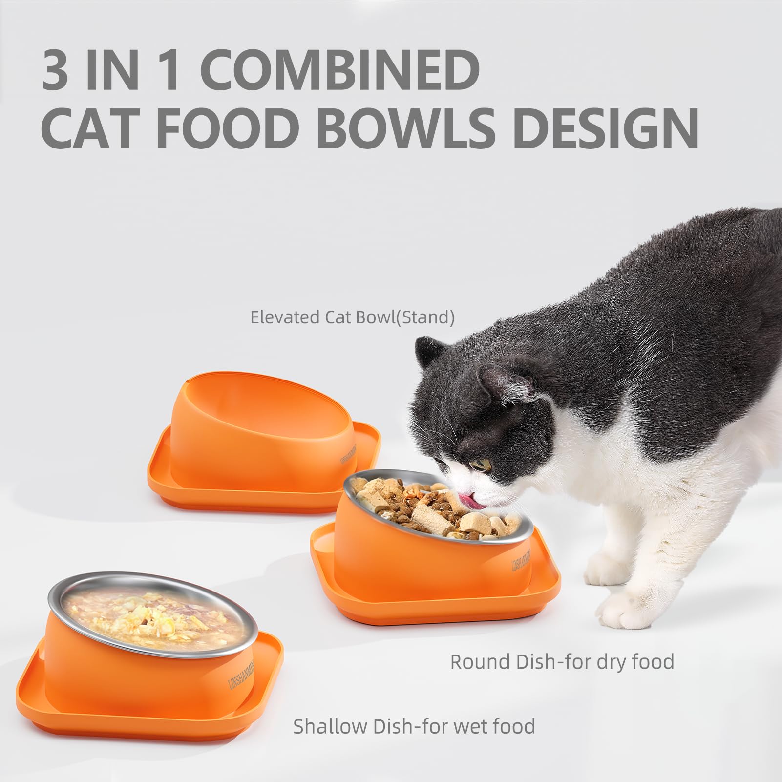 LINSHANMIN whisker-friendly wide-design cat bowl reduces whisker fatigue during meals.