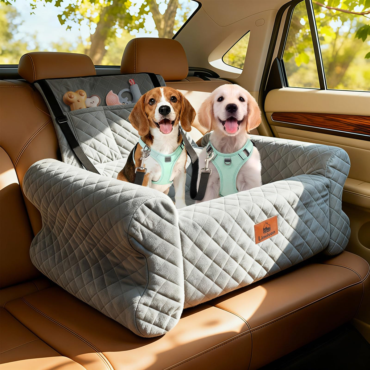 Linvivon dog car seat back view demonstrates roomy space for medium to large dogs on long trips