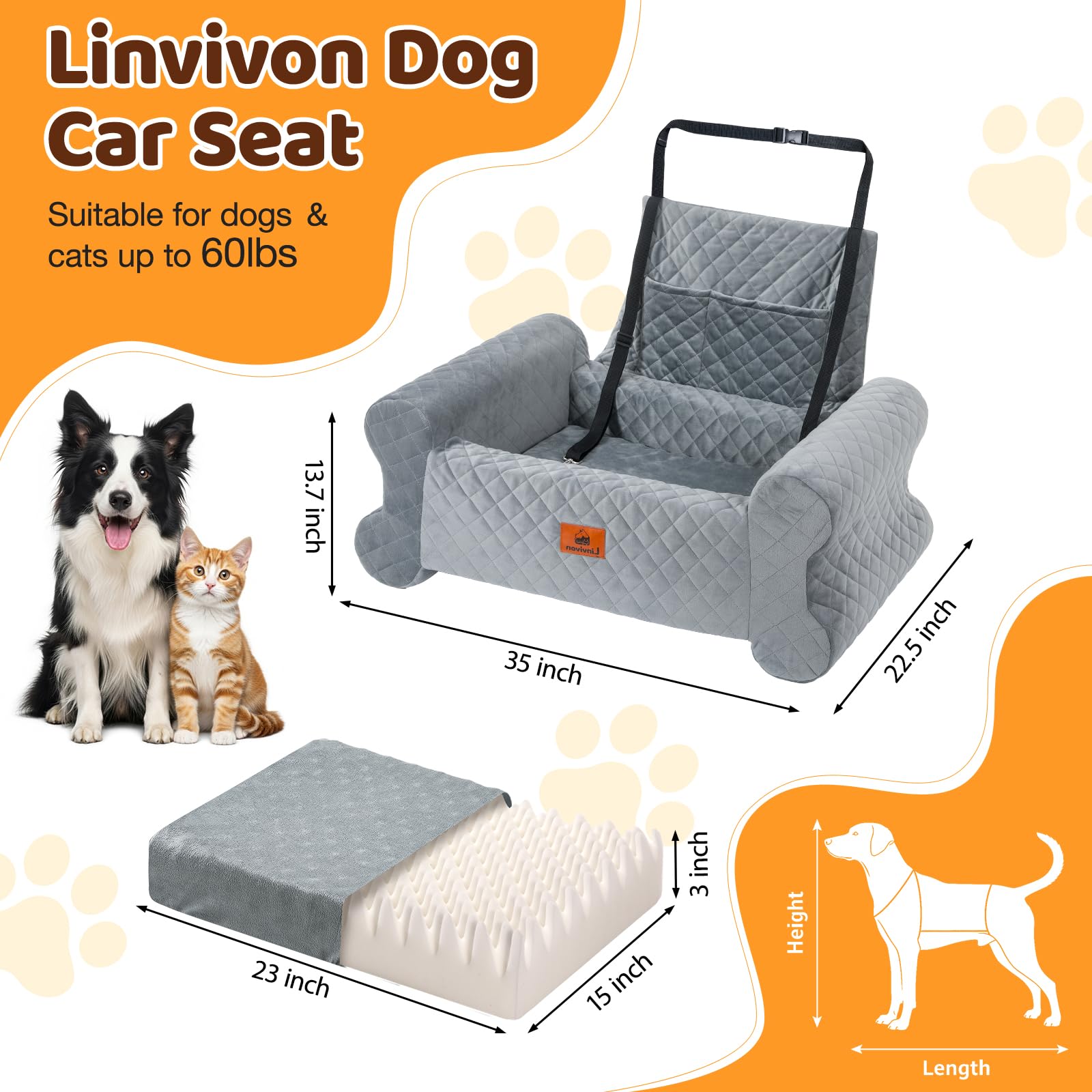Linvivon dog car seat memory-foam-cushion provides plush comfort and reduced driver fatigue