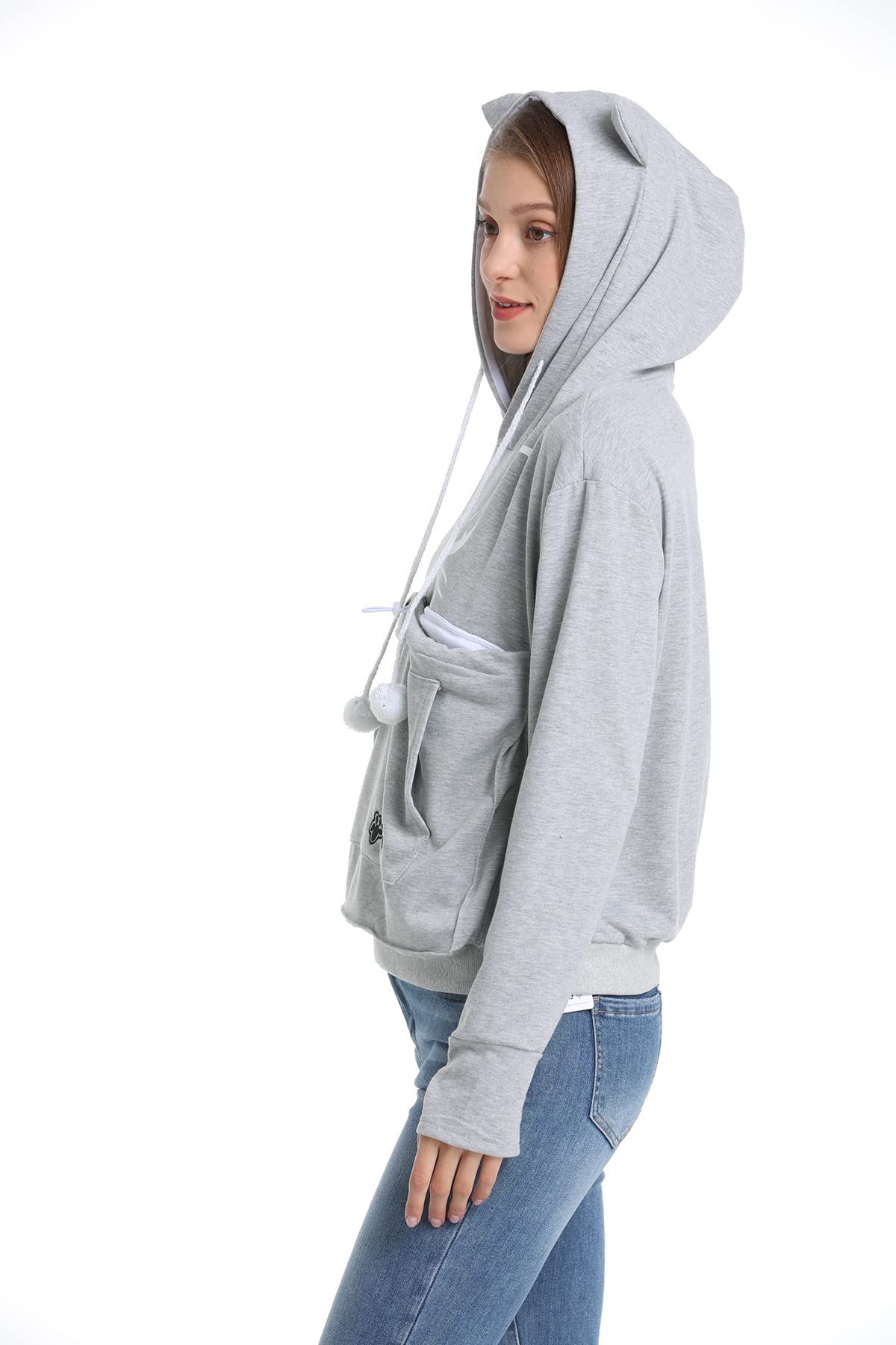 LINYUCHEN Cat Dog Pouch Hoodie side pocket usage shows convenient storage for keys.