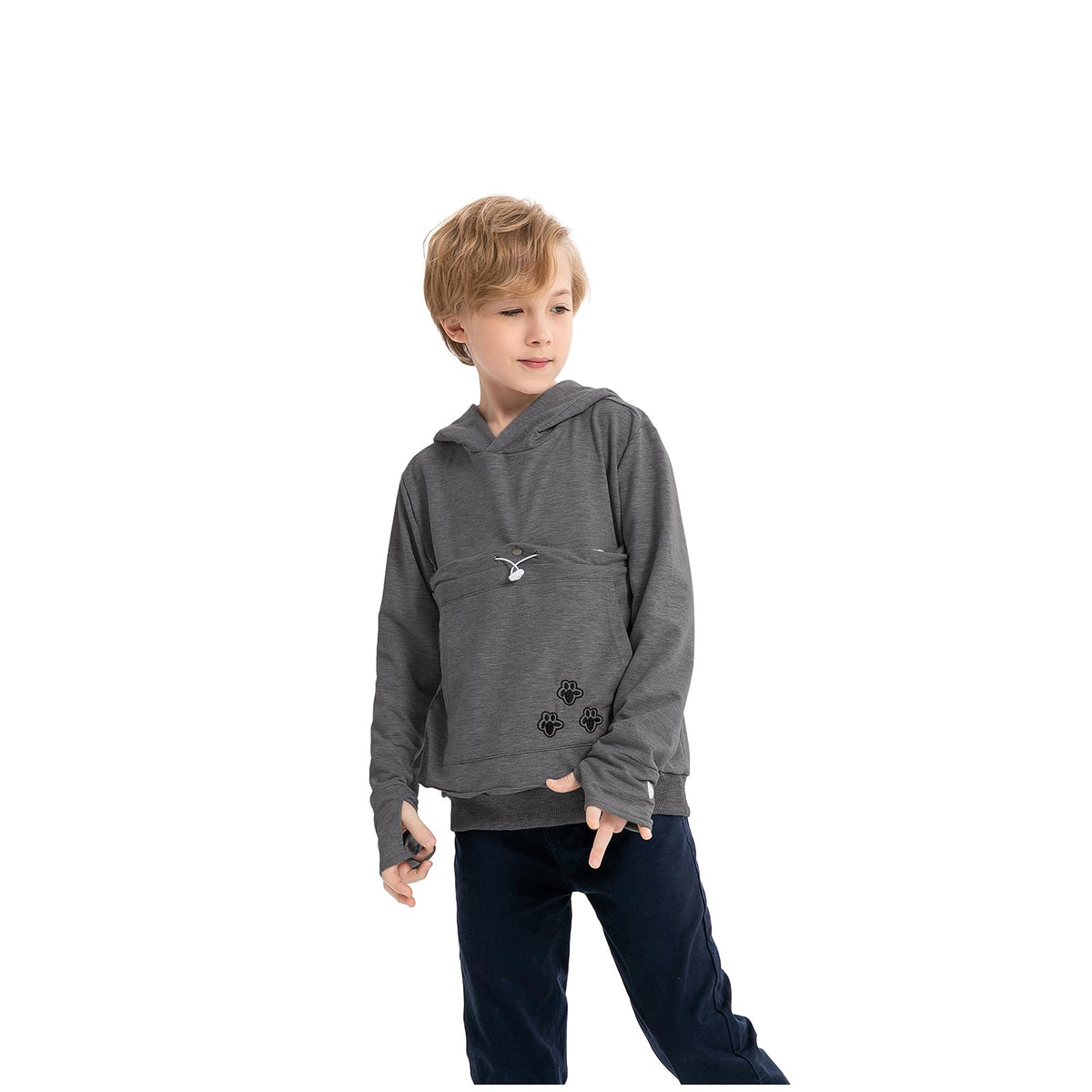 Linyuchen cat pouch hoodie front view shows roomy pocket for small pets, enabling hands-free companionship.
