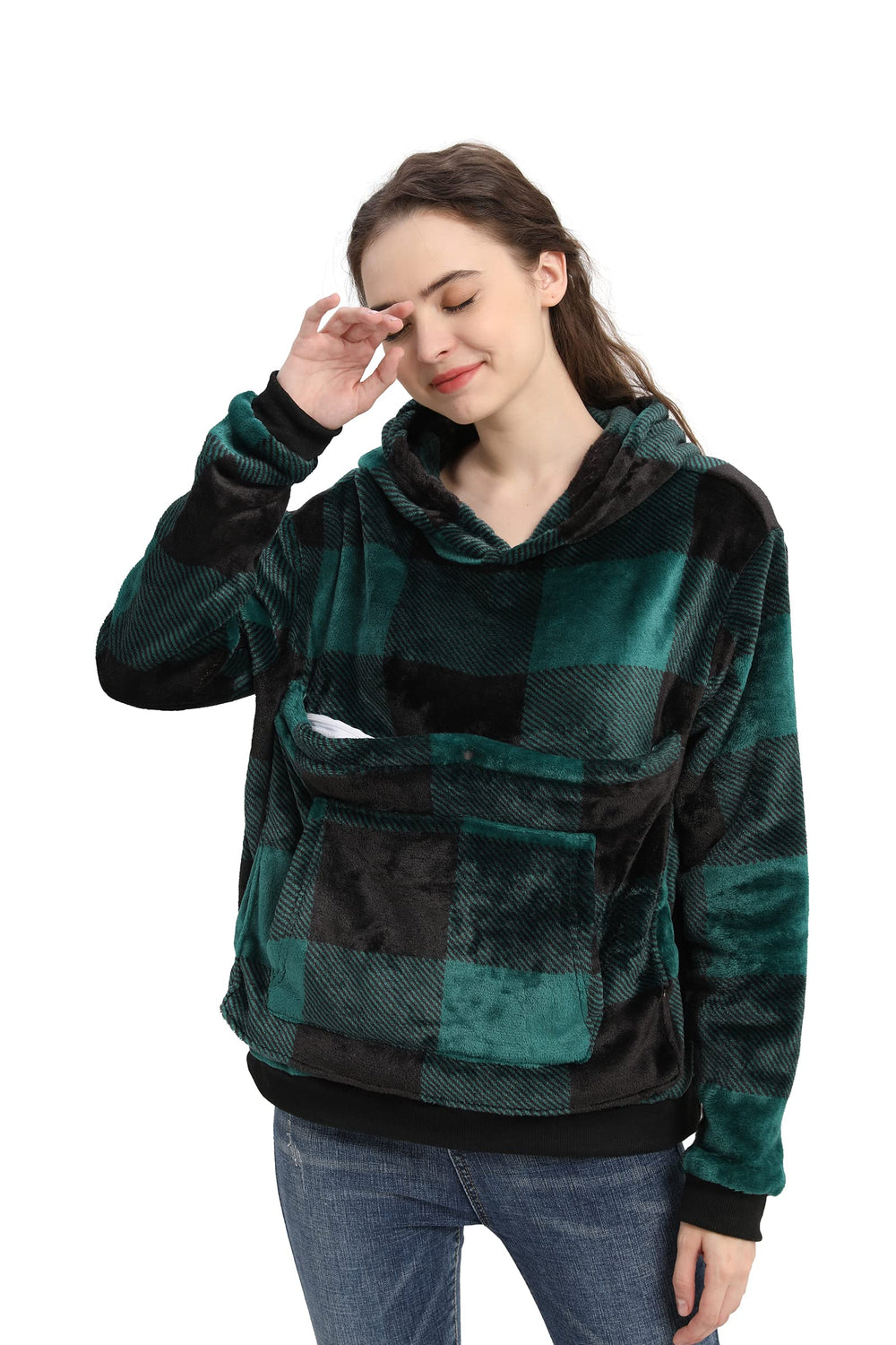 LINYUCHEN cat-pouch-hoodie worn for hands-free pet cuddling on the go