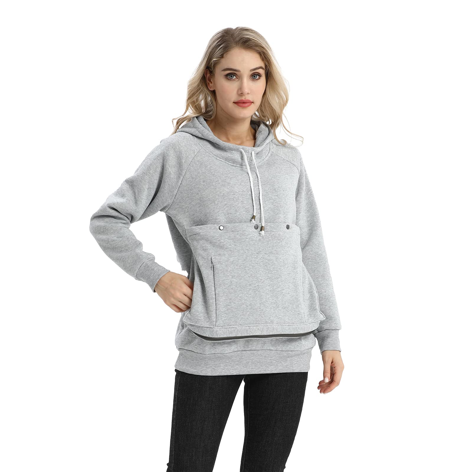 Linyuchen unisex hoodie worn with pet inside pouch during walk
