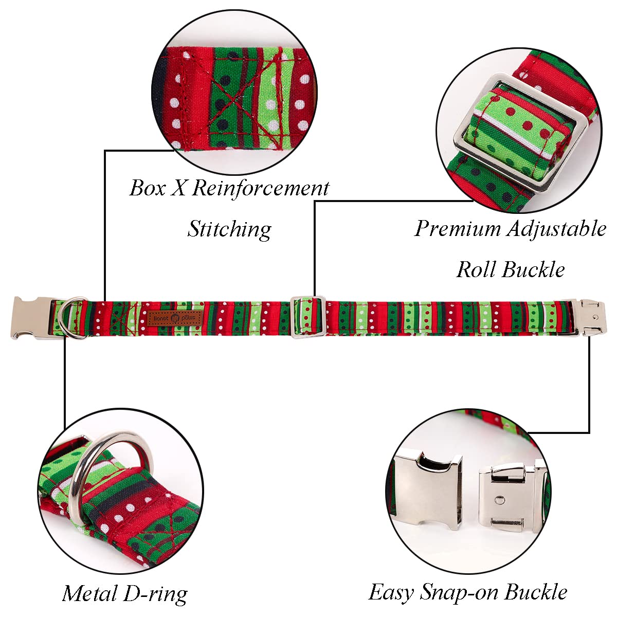 Lionet Paws Christmas dog collar closeup highlights soft cotton fabric