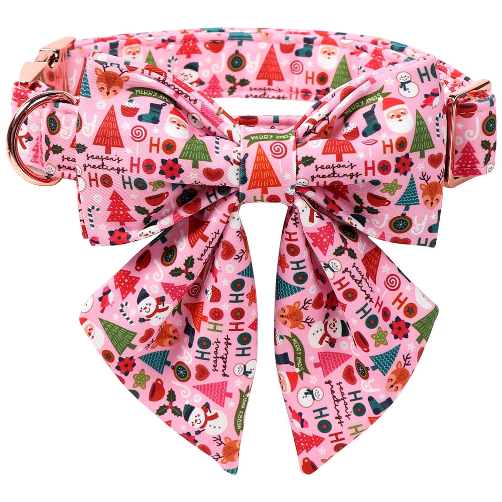 Lionet Paws Christmas dog collar with sailor bow closeup shows festive pink design for holiday photos.