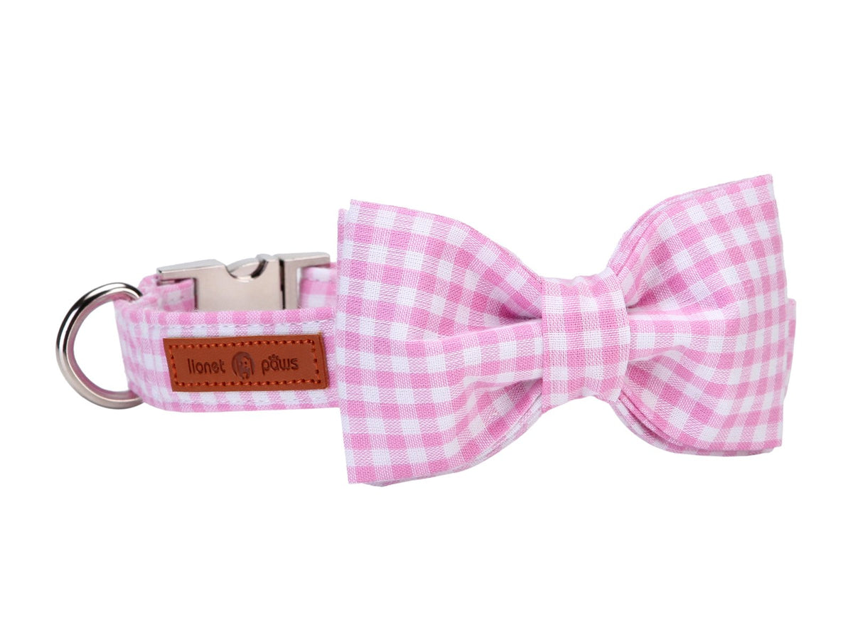 Lionet Paws dog collar bowtie pink gingham close-up showing wedding-ready style