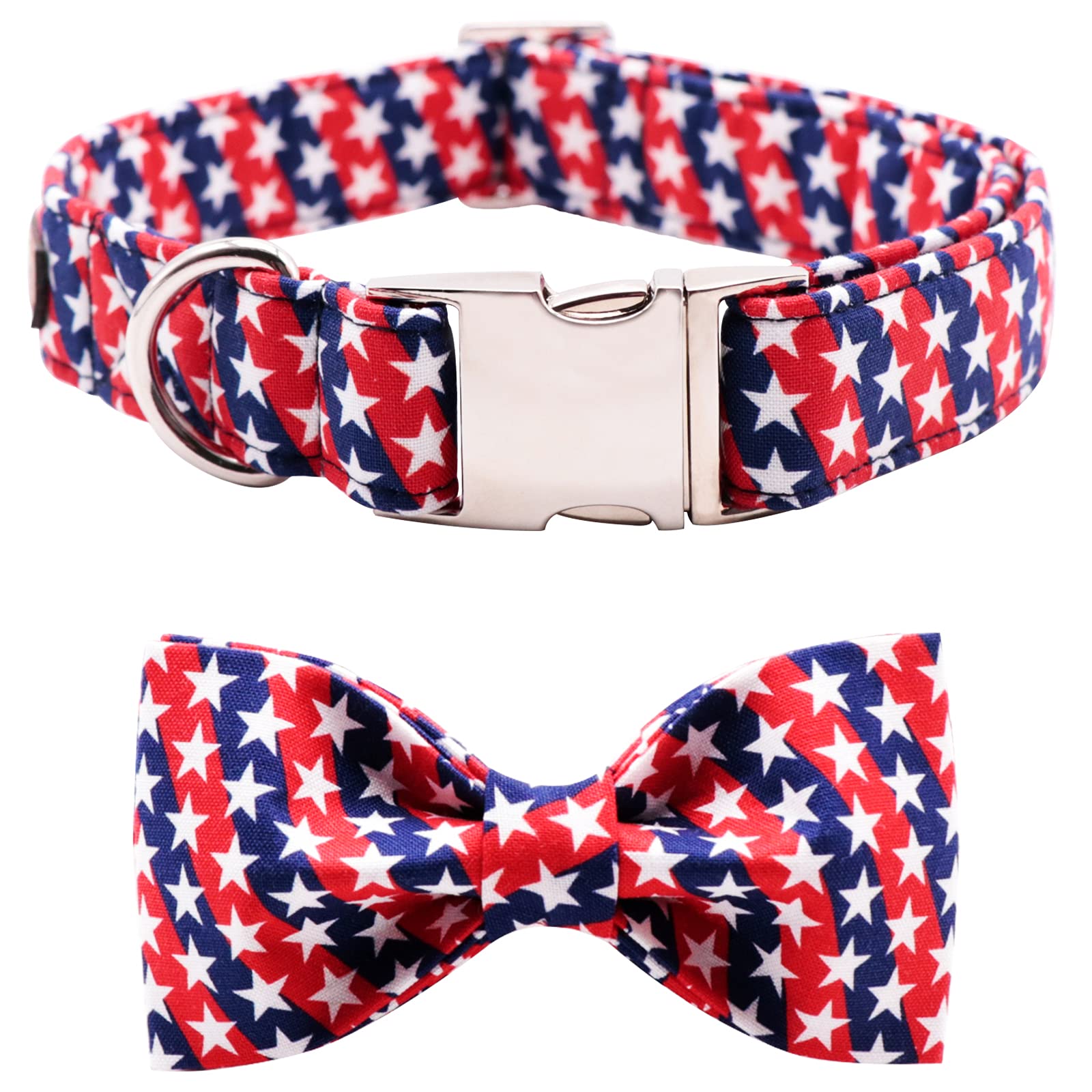 Lionet Paws patriotic collar with bowtie, front view for stylish 4th of July outings.