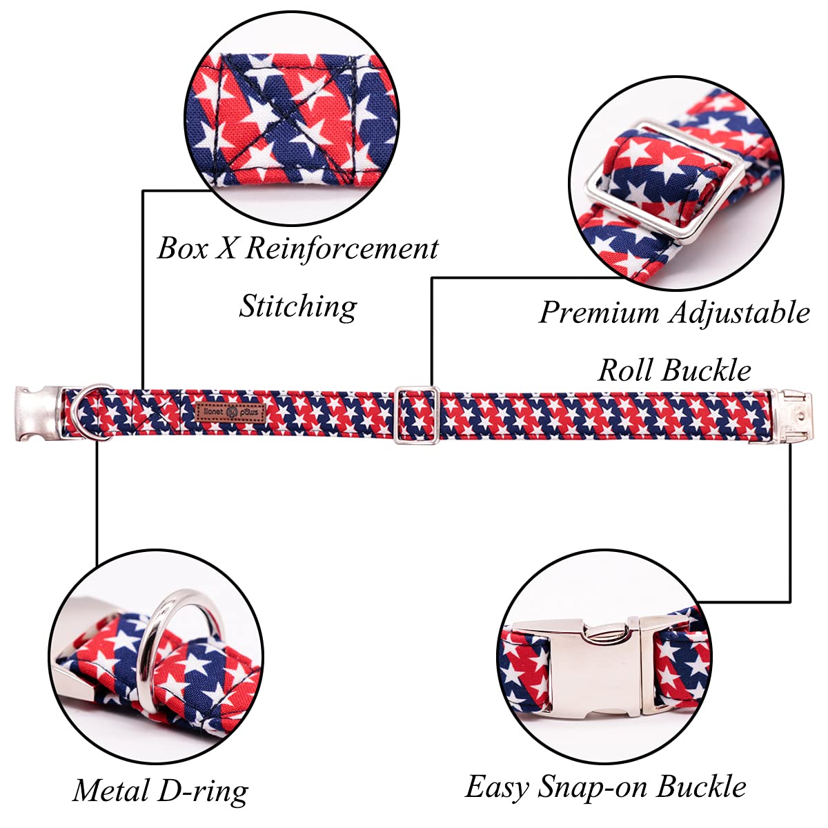 Lionet Paws patriotic collar with bowtie, side view highlighting adjustable fit and comfort.