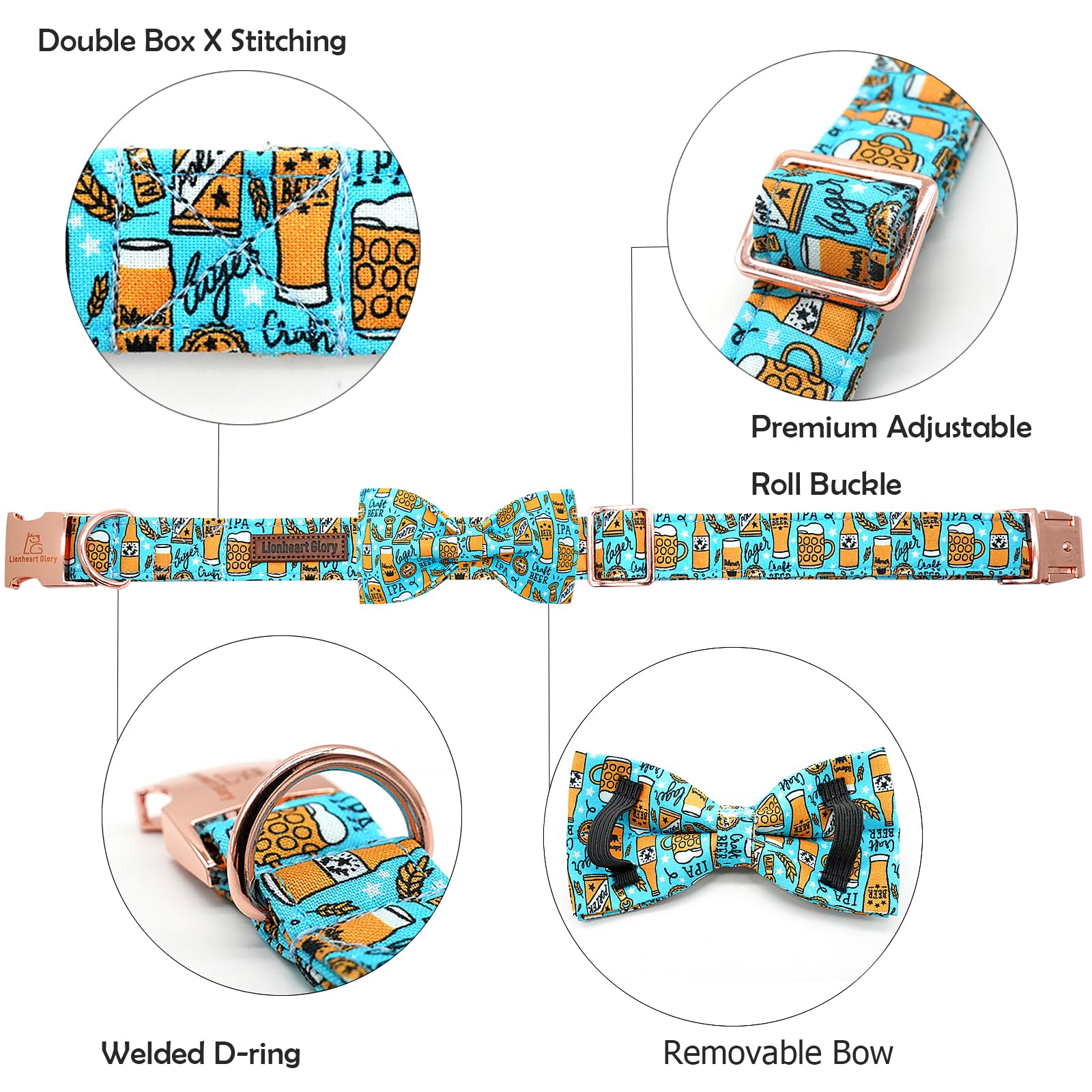 Lionheart Glory blue bow collar on dog for daily walks and style.