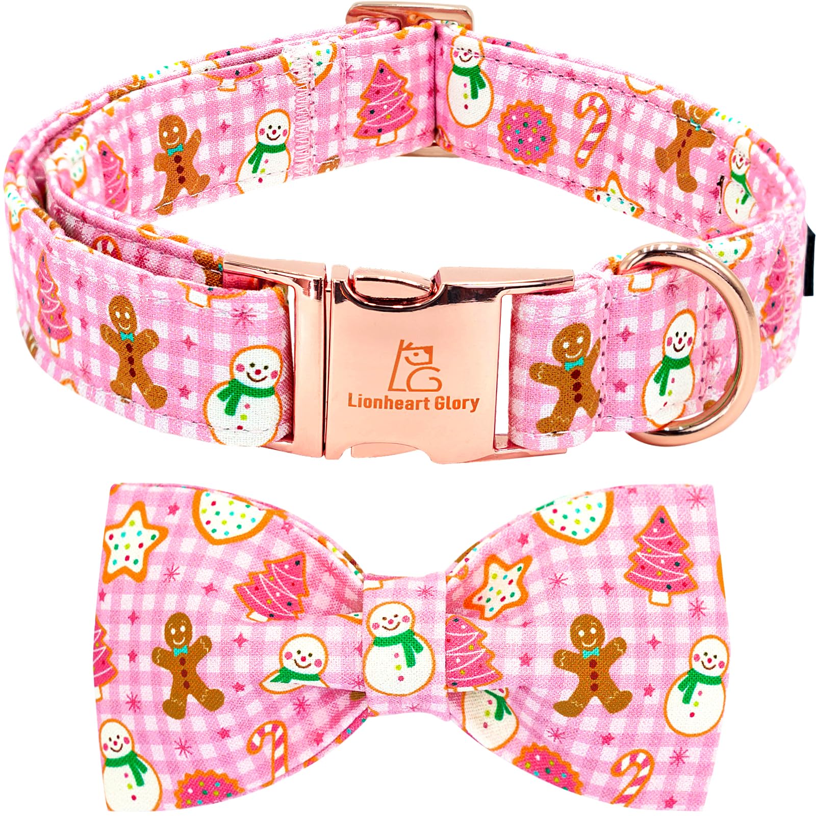Lionheart Glory Christmas dog bow collar close-up highlighting soft cotton and durable hardware for daily wear.