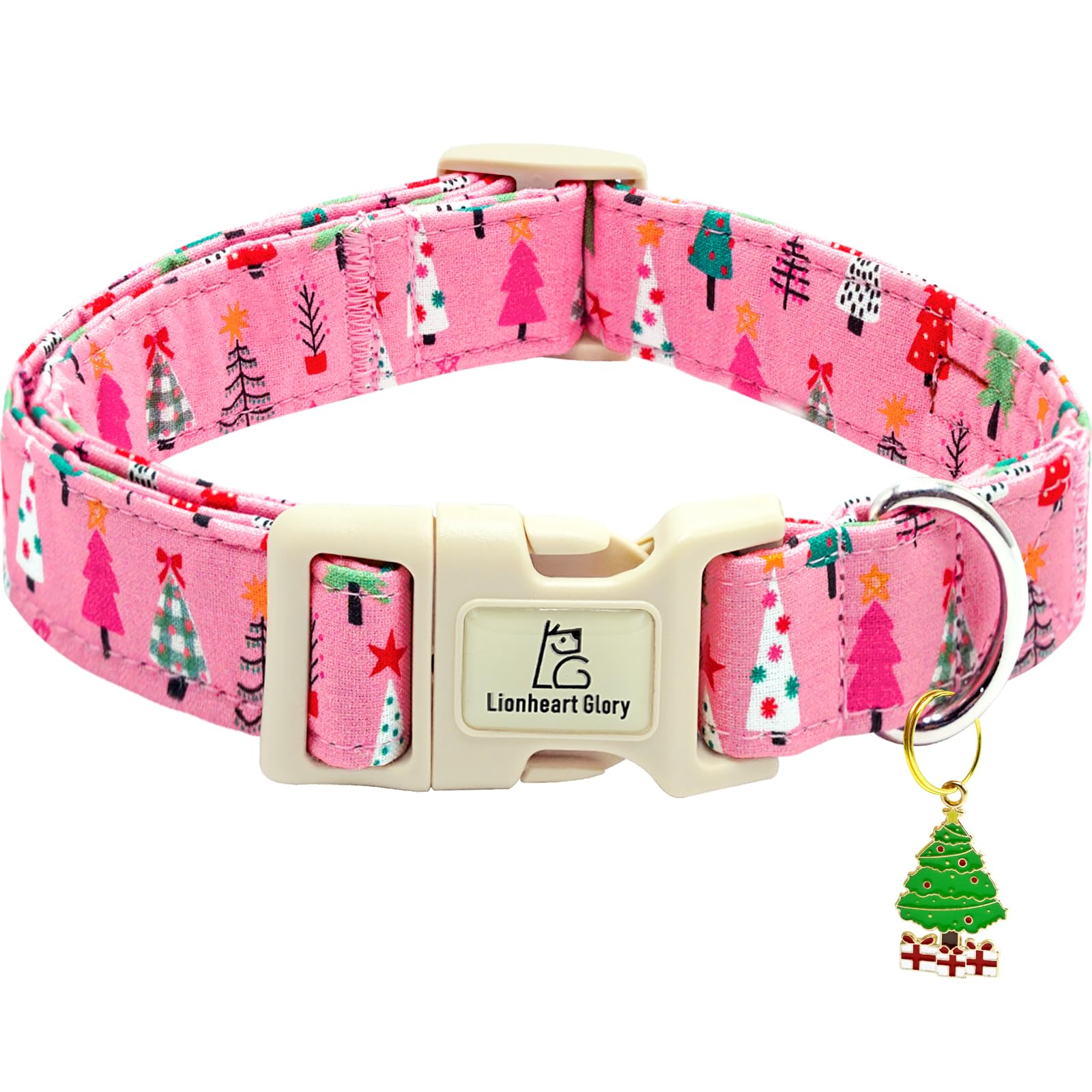 Lionheart Glory Christmas dog collar with pink tree design for festive photos
