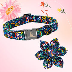 Lionheart Glory darkblue flower dog collar flower detail with soft cotton texture for cozy wear