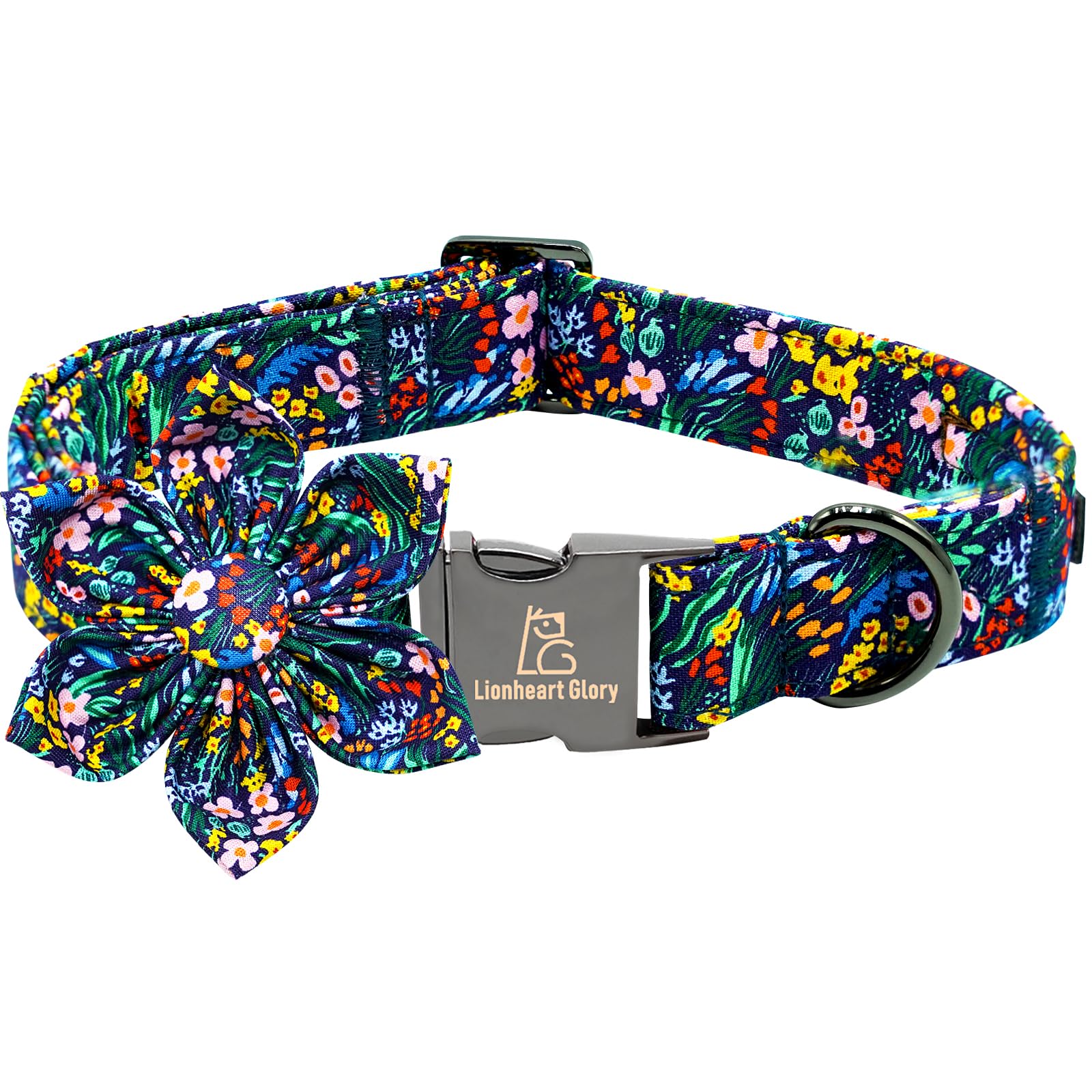 Lionheart Glory darkblue flower dog collar front view with removable bloom for stylish daily walks