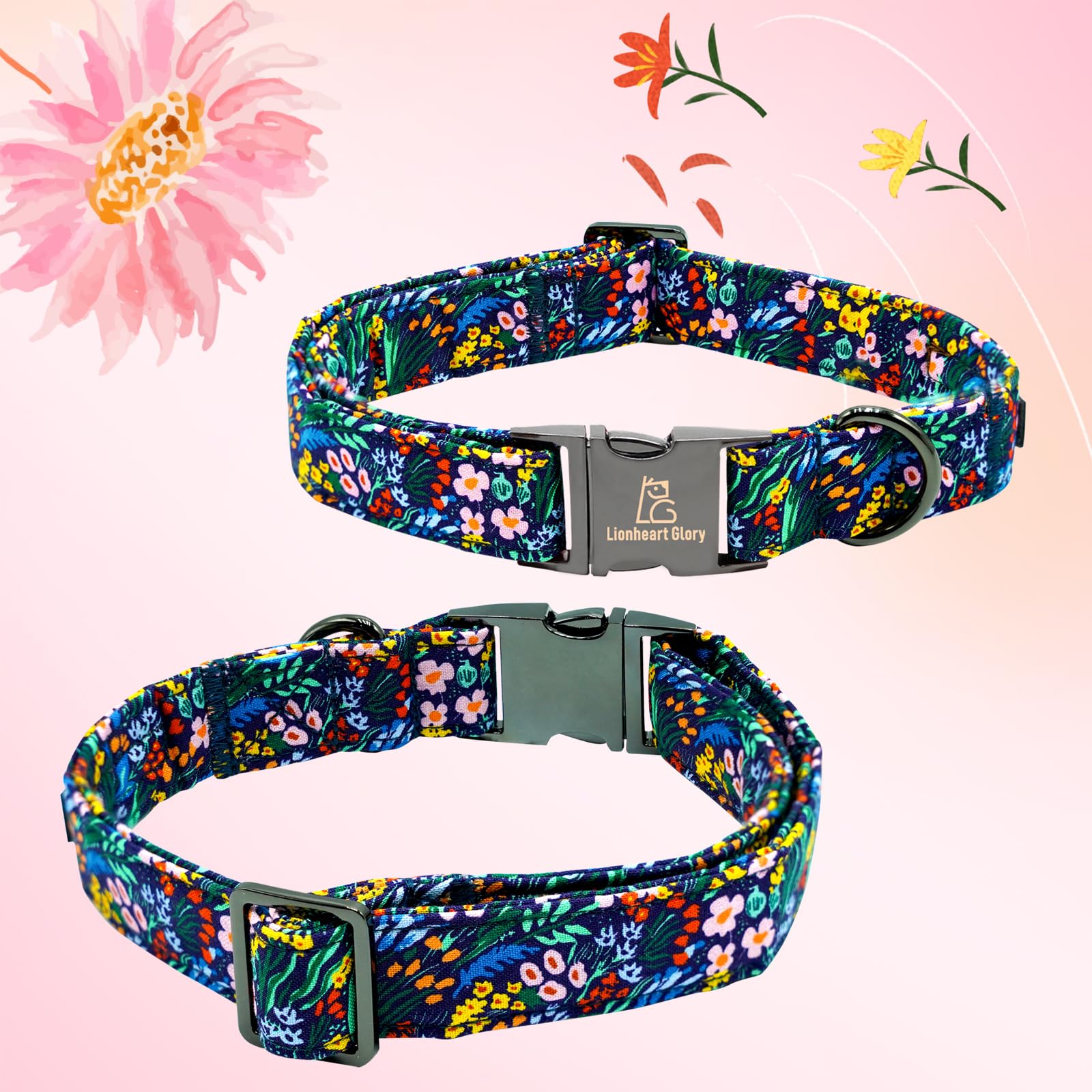 Lionheart Glory darkblue flower dog collar modeled on a dog for versatile styling