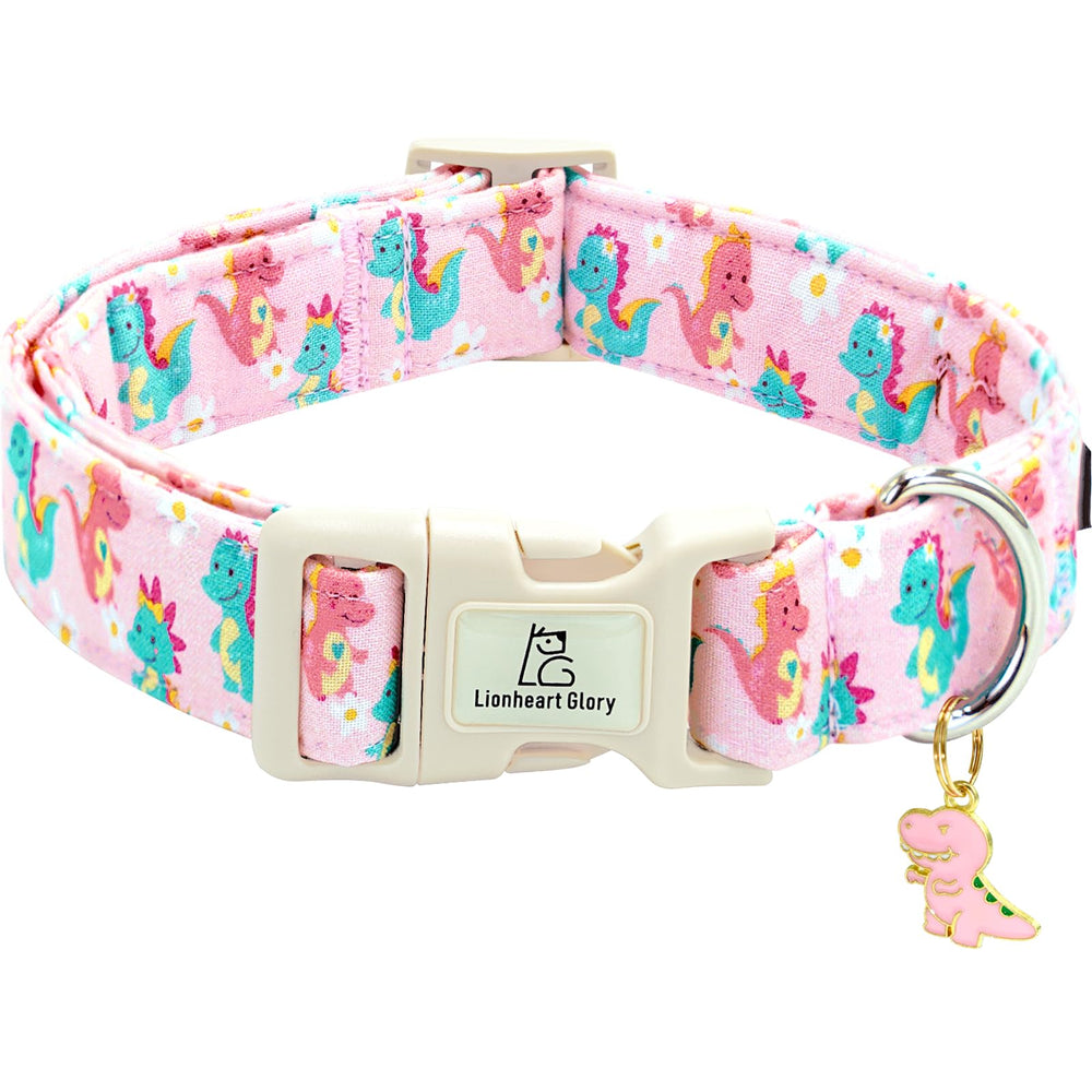 Lionheart Glory dinosaurs pattern dog collar closeup shows soft cotton weave for comfort