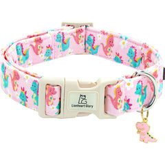 Lionheart Glory dinosaurs pattern dog collar closeup shows soft cotton weave for comfort