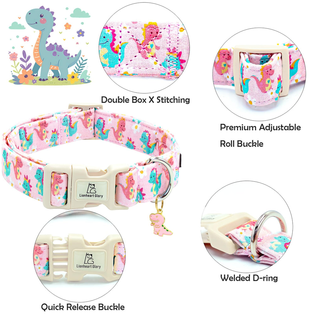 Lionheart Glory dinosaurs pattern dog collar on dog highlights durable D-ring and secure fit