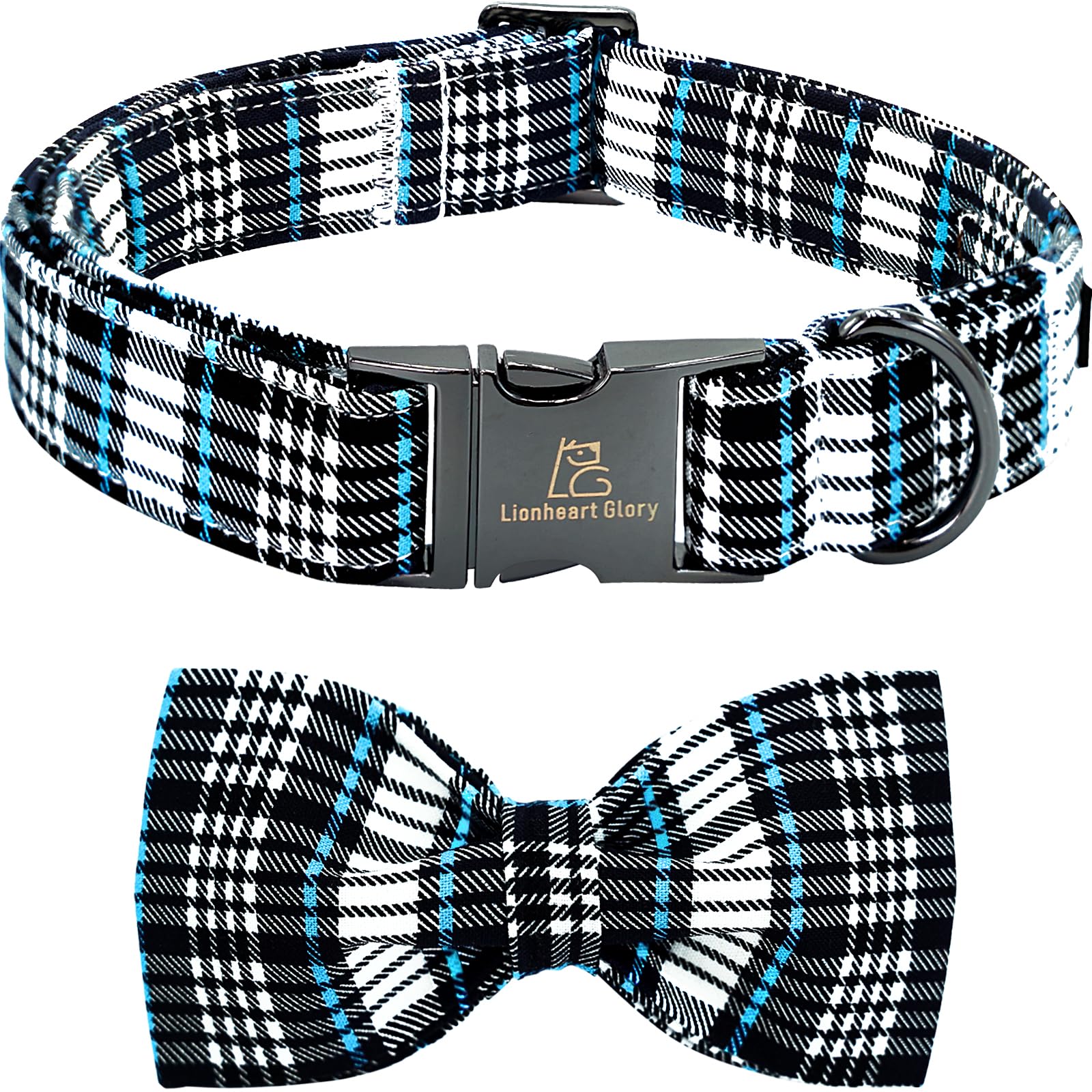 Lionheart Glory dog bow collar blue plaid front view highlights vibrant print for stylish walks.